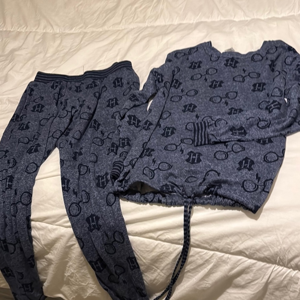 Warner Bros Cozy Gray and Blue Pajama Set with Cartoon Patterns